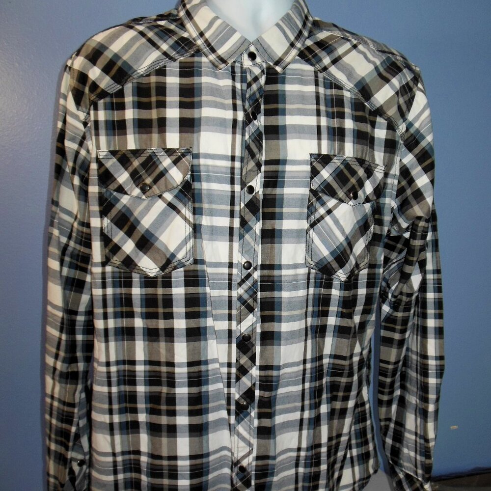 Men Reclaim Standard Black Gray White Plaid Pearl Snap Long Sleeve Shirt XL
